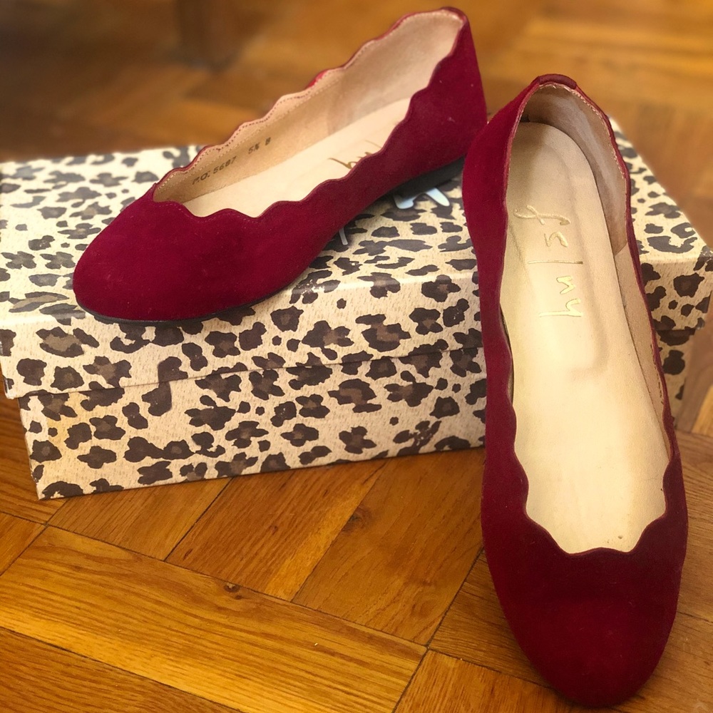 French Sole Jigsaw Wine Suede Ballet Flats